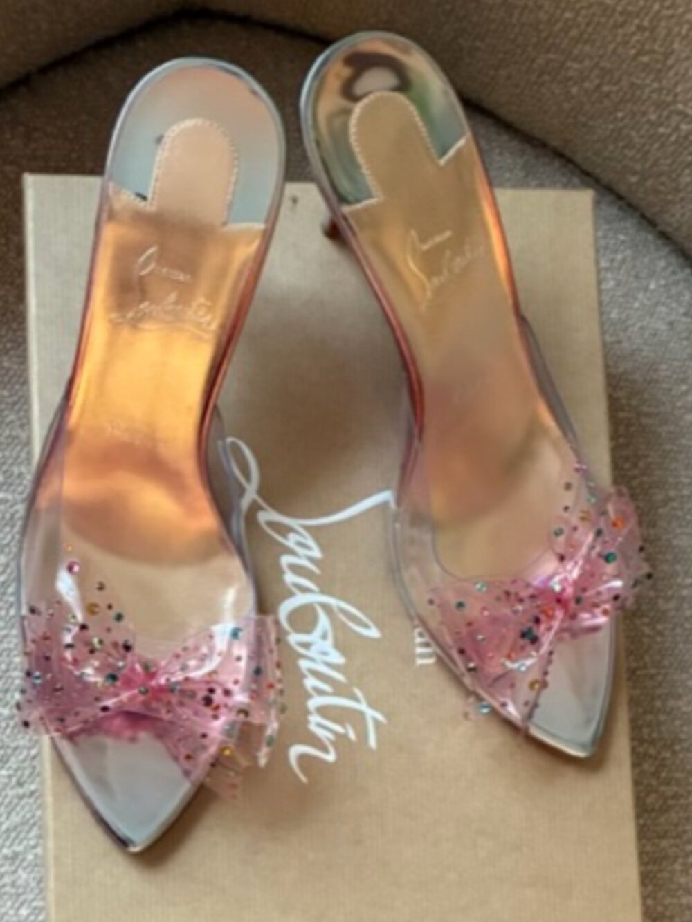 Christian Louboutin AquaStrass PVC Pink Crystal Bow Mules SIZE 7.5/39 (see note) - Picture 16 of 16